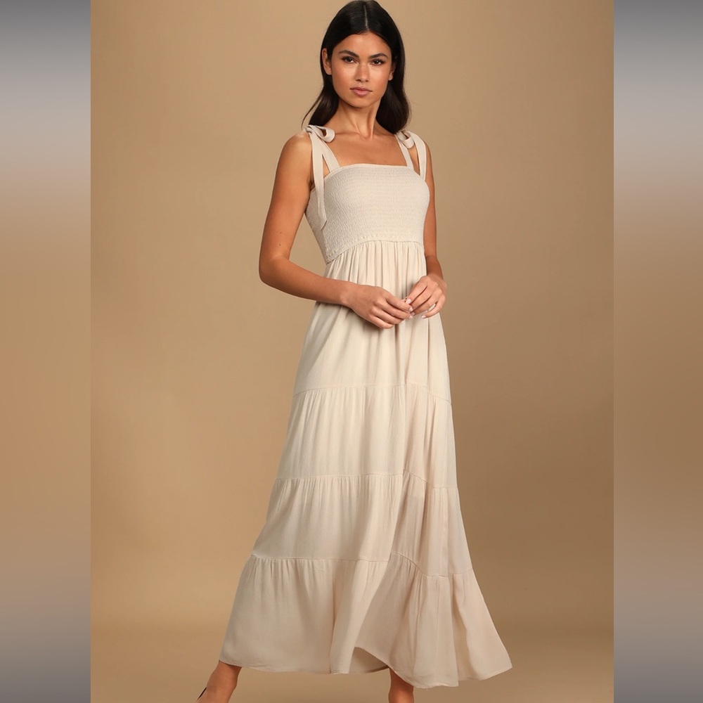Sunshine Beige Smocked Tie-Strap Maxi Dress
